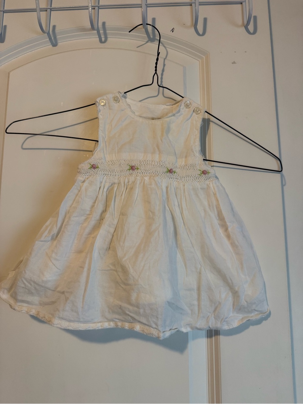 Baby Essentials White Dress with Pink Flower Smocking